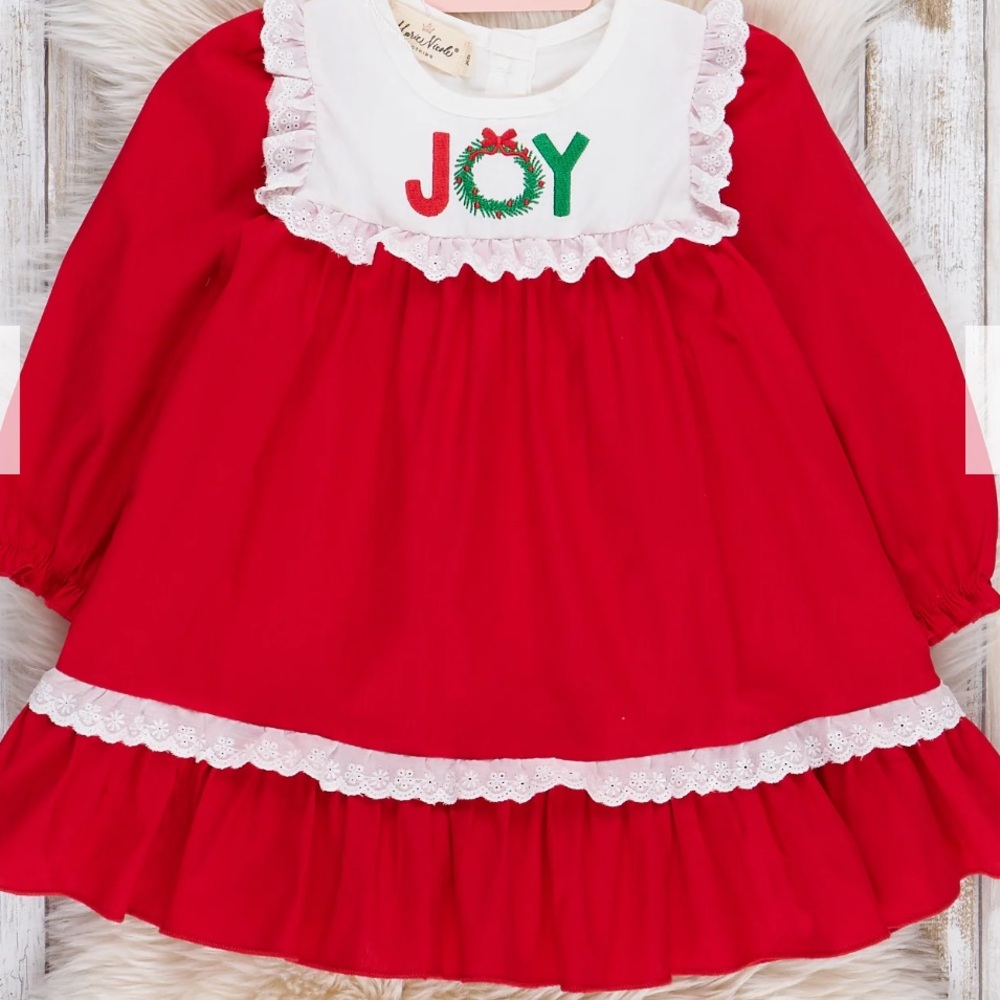 NWOT Marie Nicole Holiday Christmas Red Joy Embroidered Ruffle Dress